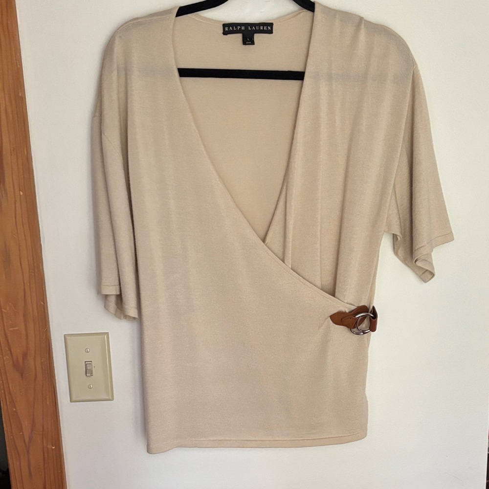 Ralph Lauren Black Label cashmere Beige Wrap Top lamb leather Buckle size Large